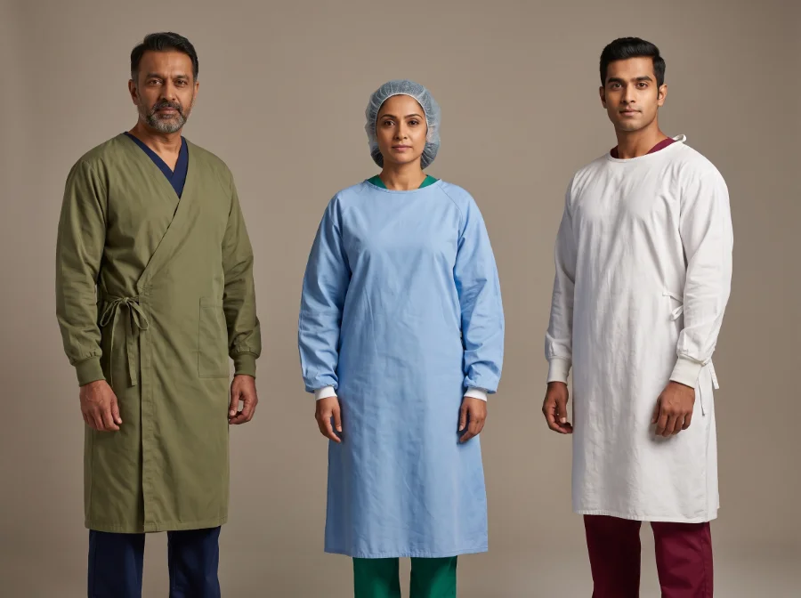 Surgeon and staff surgical gowns in OT green, light blue and white with waist ties and knit cuffs