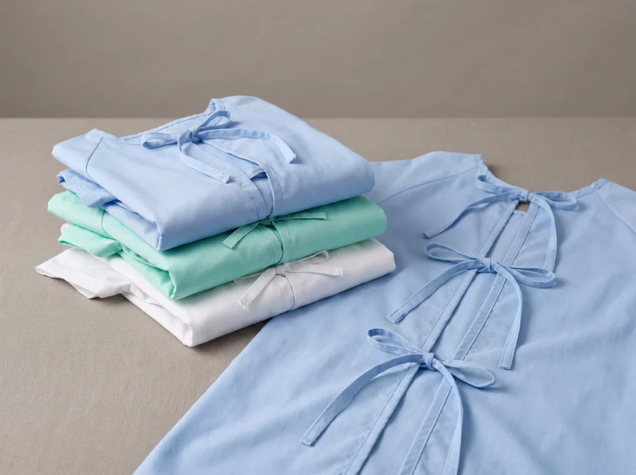Hospital patient gowns in pale blue, mint green and white with back-tie closures