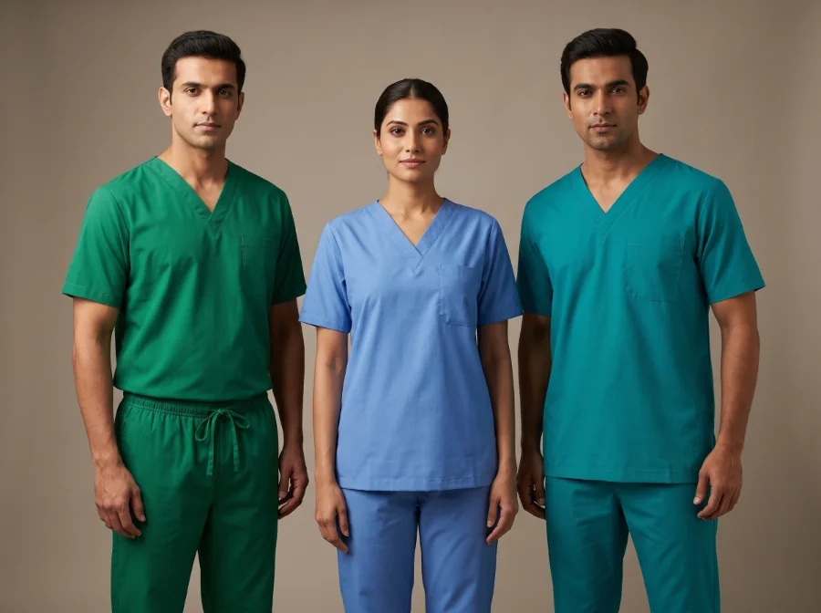 OT scrub suits in classic operation theatre green, surgical blue and teal with V-neck and drawstring trousers