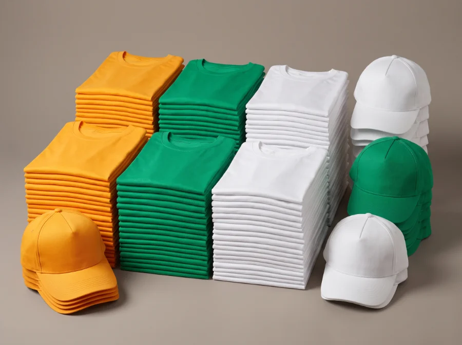 High-volume single-colour campaign T-shirts and caps stacked in saffron, green and white