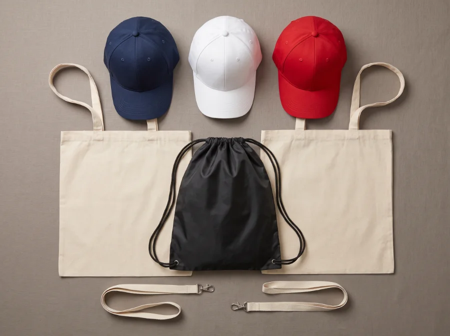 Promotional giveaway kit of baseball caps, canvas tote bags, drawstring bag and lanyards