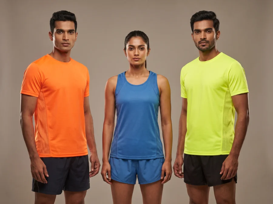 Dry-fit micro-polyester marathon tees and singlets with mesh panels for sports events