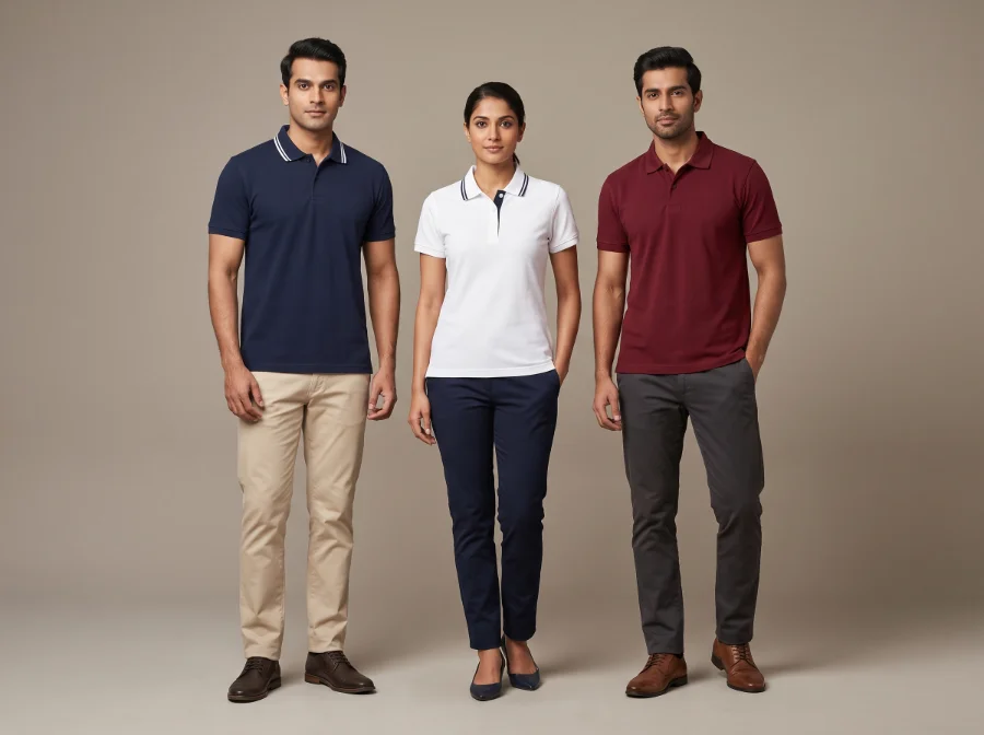 Promotional pique polo shirts in navy, white and maroon with contrast collar tipping