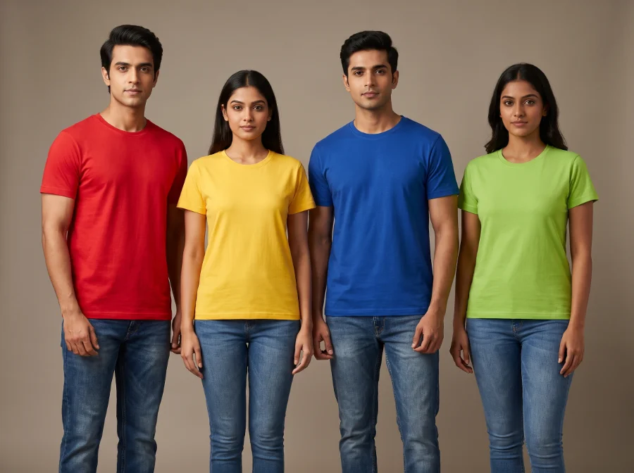 Promotional round-neck cotton T-shirts in red, yellow, royal blue and lime with shoulder taping and rib neck