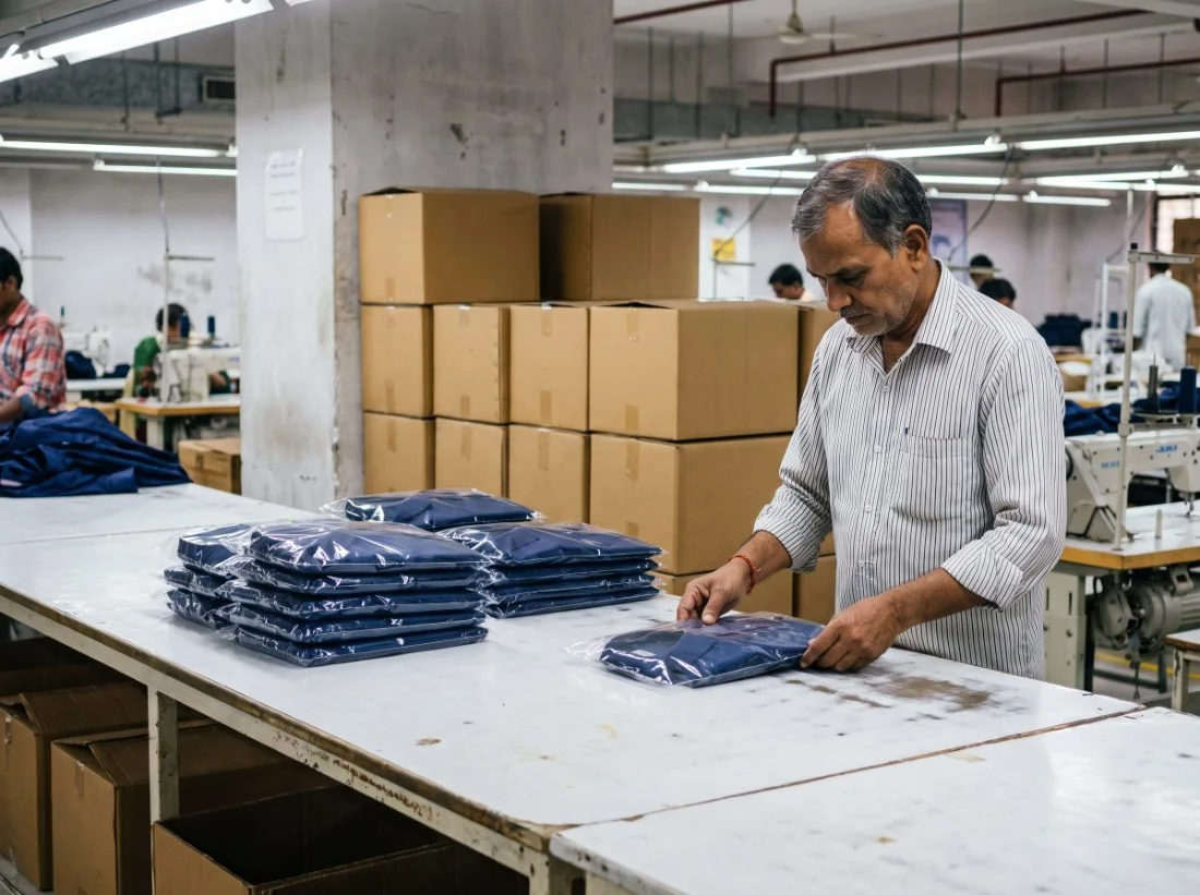 Finished uniform shirts folded, polybagged and packed into labelled cartons after quality check