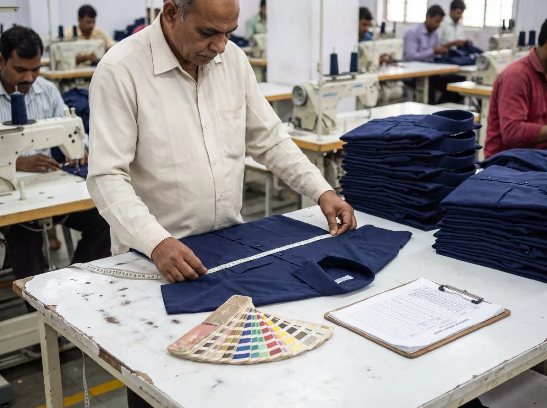 Finished uniform shirt measured against the recorded spec sheet and shade card at quality check