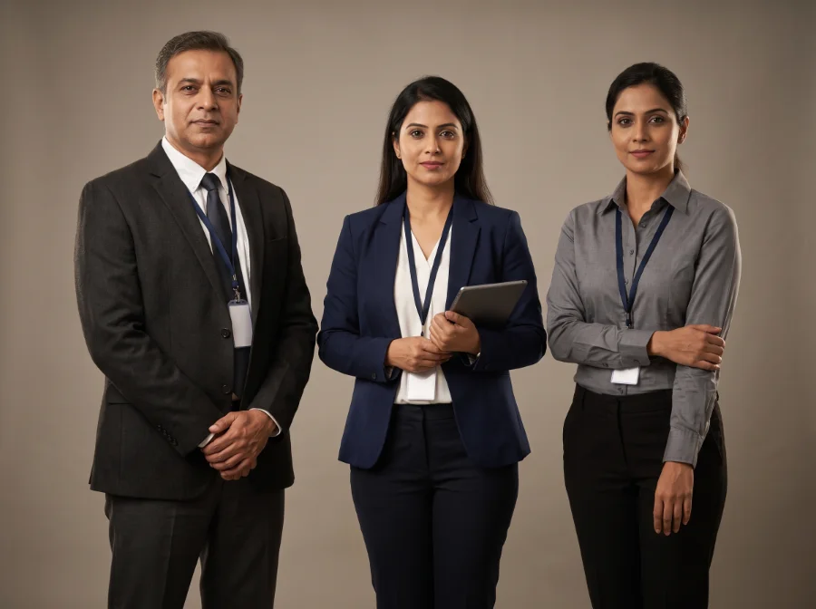 Hospital administration and HR uniforms in charcoal and navy blazers with formal shirts