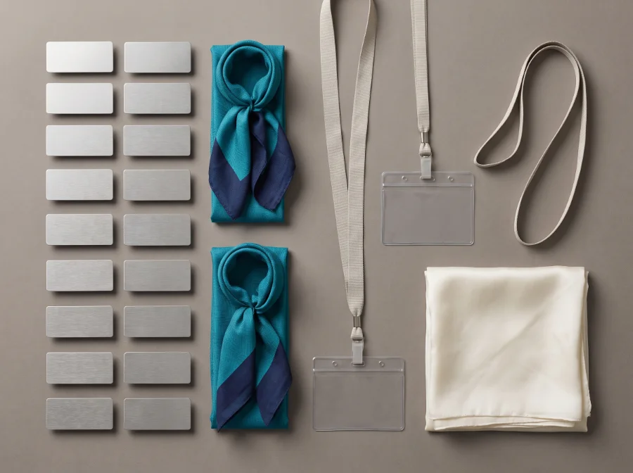 Hospital front-office accessories including name badges, teal and navy scarves, lanyards and stole