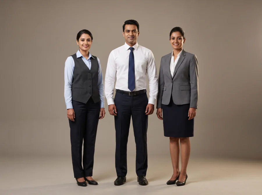 Hospital billing and insurance counter staff uniforms in formal shirts, waistcoat and grey blazer