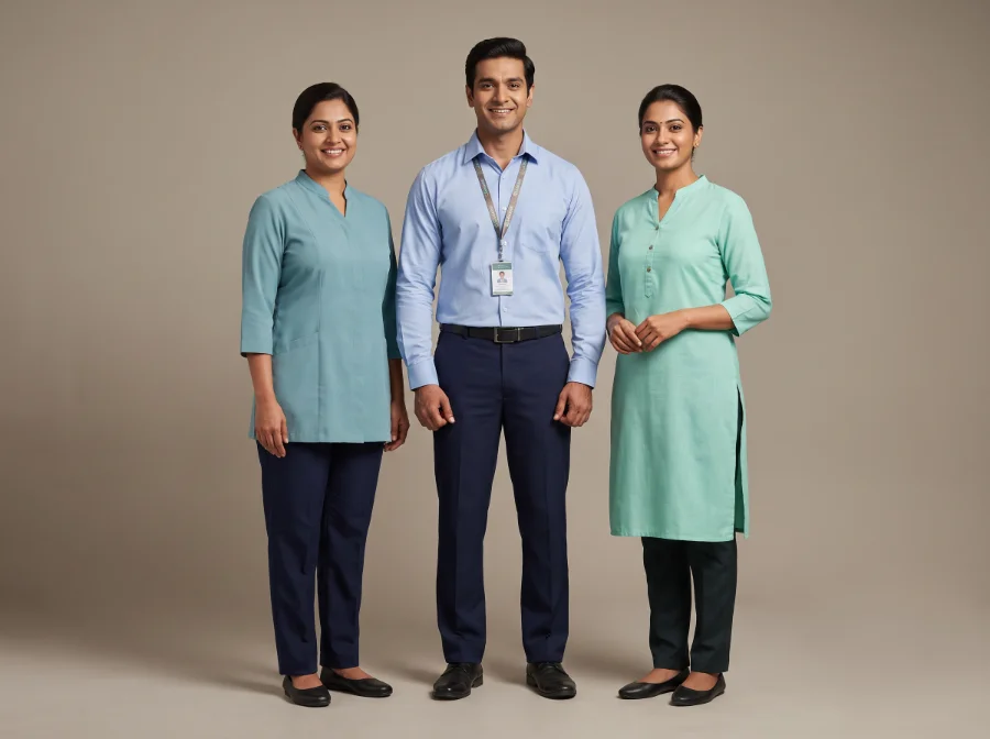 Patient relations and admissions staff uniforms in teal tunic, light blue shirt and mint kurta top