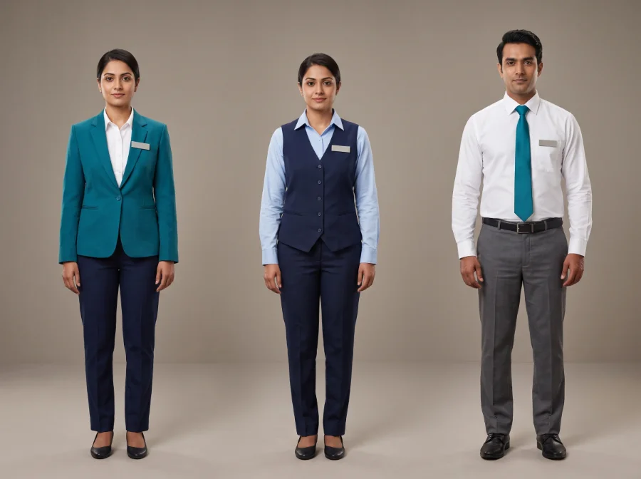 Hospital receptionist uniforms with teal blazer, navy waistcoat and formal shirt with tie