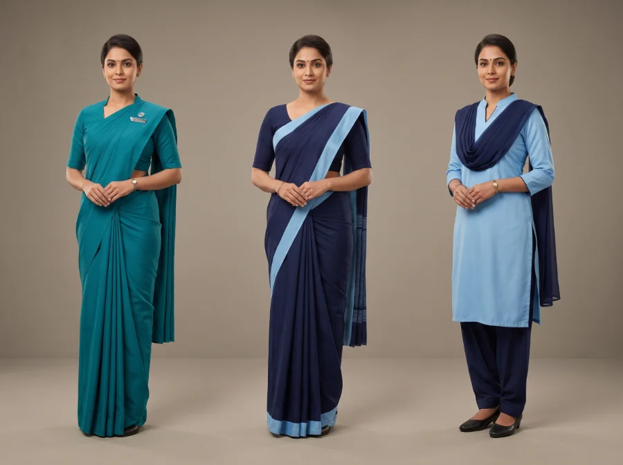 Hospital front-office uniform sarees in teal and navy with matching blouses and a light blue kurta set