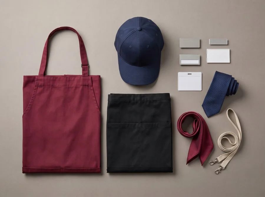 Retail uniform accessories — bib and waist aprons, cap, name badges, tie, scarf and lanyards
