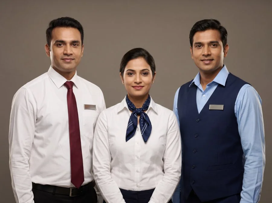 Cashier and billing staff uniforms with ties, scarves, waistcoats and name badges, manufactured by Terah Tex