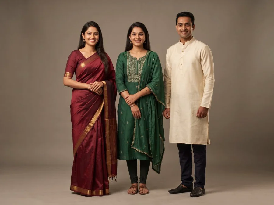Ethnic showroom uniforms manufactured by Terah Tex — saree with matching blouse, kurti with dupatta and Nehru-collar kurta