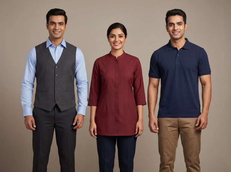Retail sales associate uniforms manufactured by Terah Tex — shirt with waistcoat, maroon tunic and navy pique polo