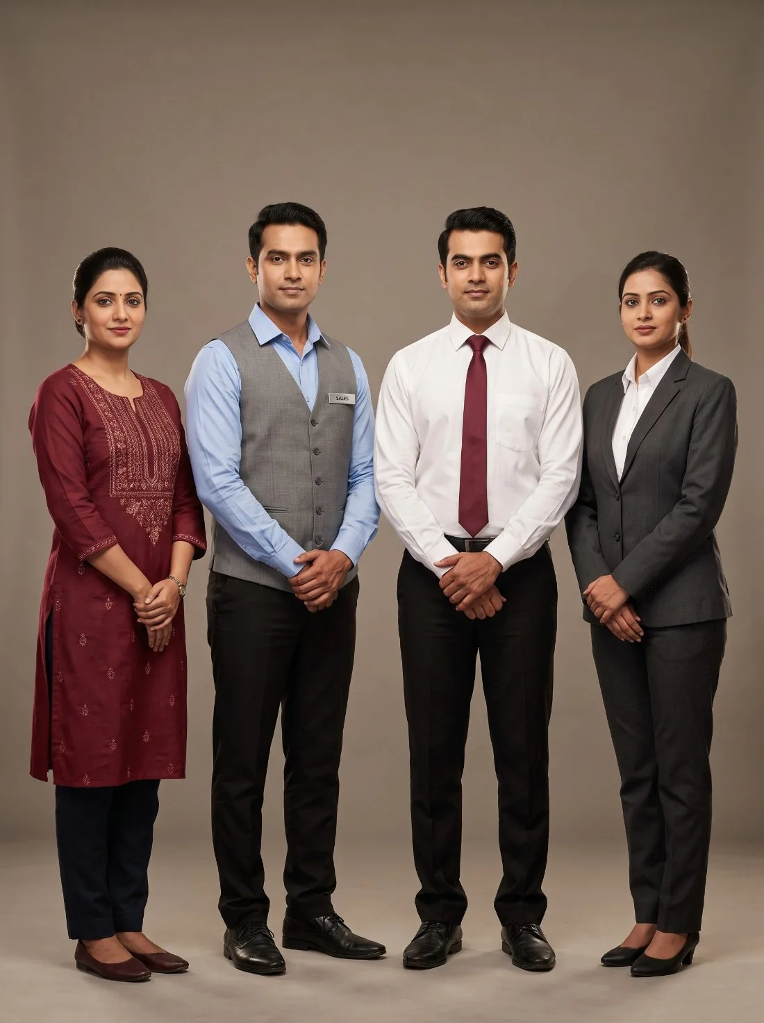 Retail and showroom uniforms manufactured in Chennai — tunic, waistcoat set, cashier shirt and supervisor blazer