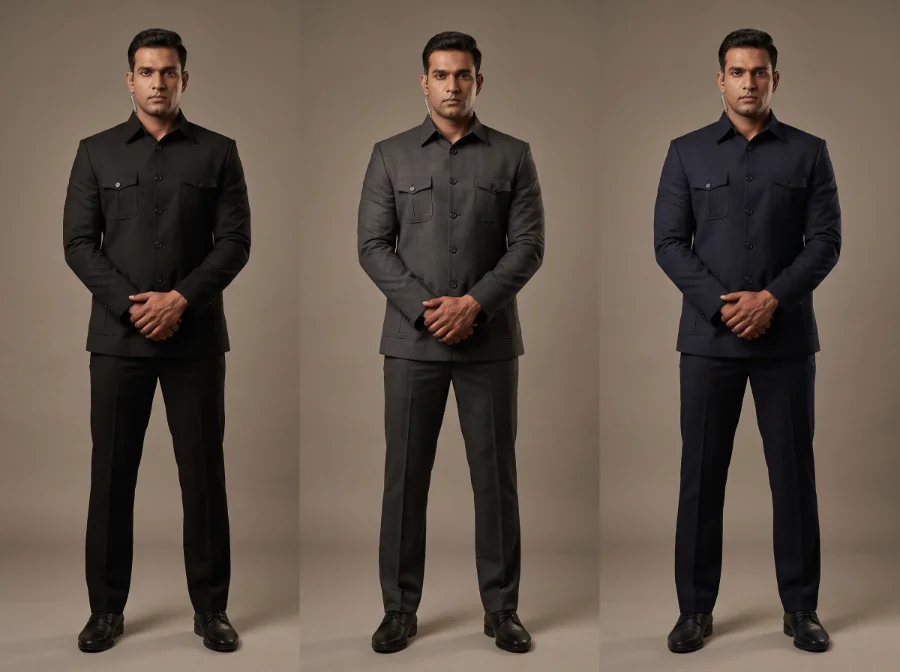 Dark formal safari suits in black, charcoal and navy for bodyguards and personal security officers