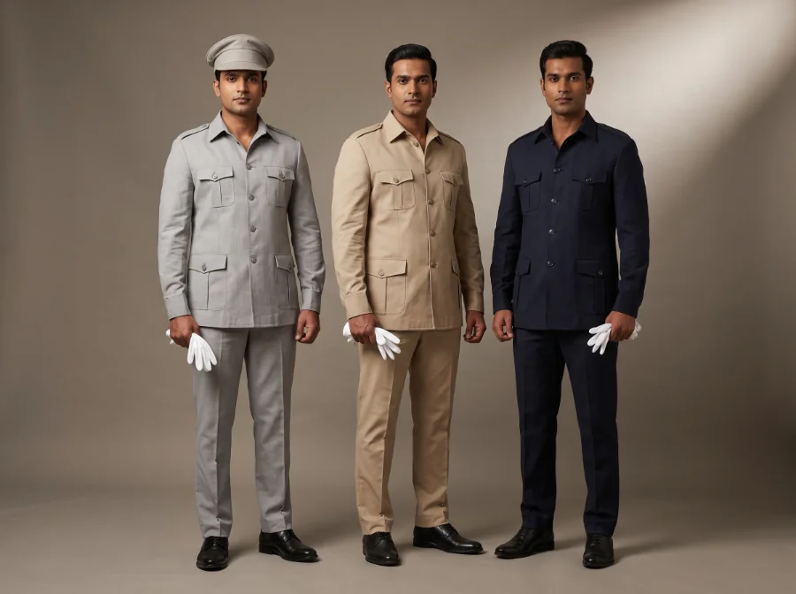 Chauffeur and driver safari suits in light grey, beige and navy with peaked cap and gloves