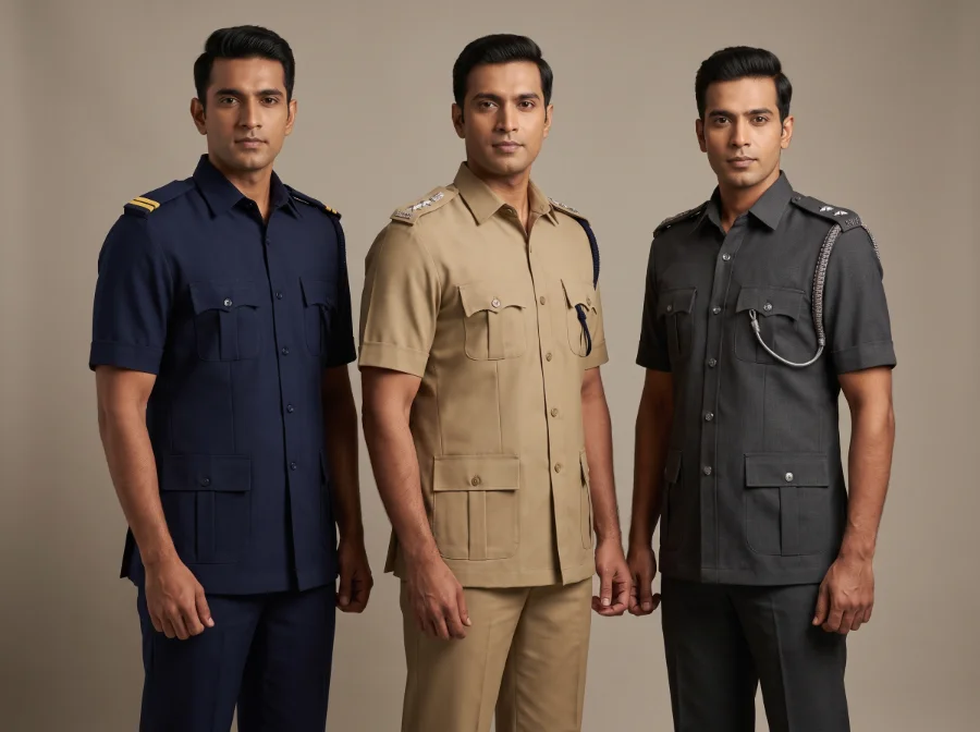 Safari suits with shoulder epaulettes, rank slides and braided shoulder cord in navy, khaki and grey