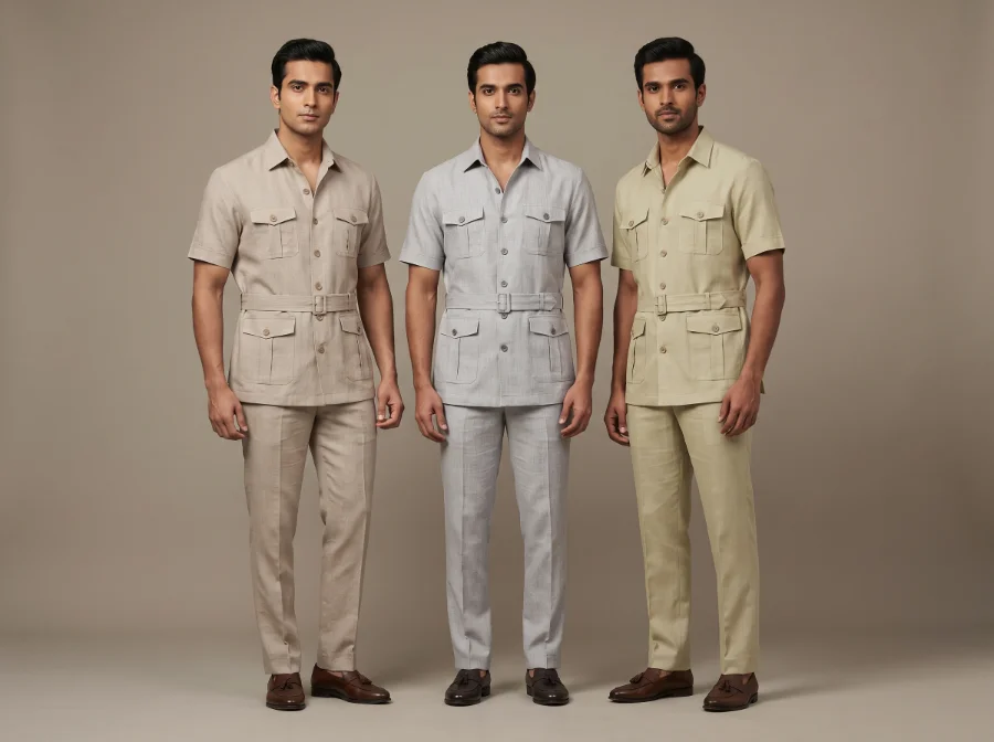 Short-sleeve summer safari suits in stone beige, light grey and pale khaki with self-belt