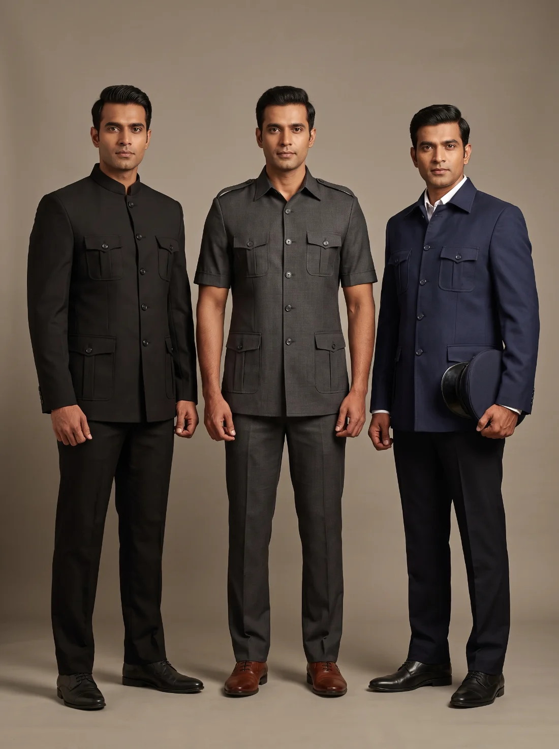 Safari suit uniforms manufactured by Terah Tex — black two-piece safari suit, short-sleeve safari with epaulettes and navy chauffeur safari suit