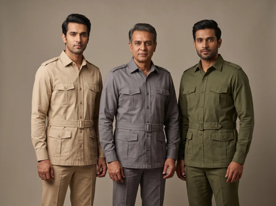 Classic two-piece safari suits in beige, grey and olive with four patch pockets and self-belt