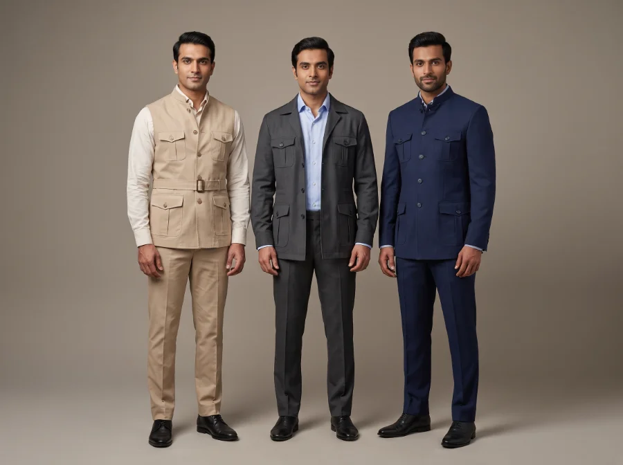 Safari waistcoat over shirt, open safari jacket and full navy safari suit variants
