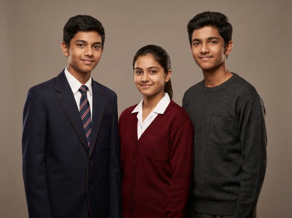 School blazers and sweaters — lined navy blazer with tie, maroon cardigan and grey pullover