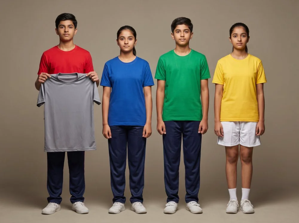House and sports kits — red, blue, green and yellow house T-shirts with track pants and PT shorts