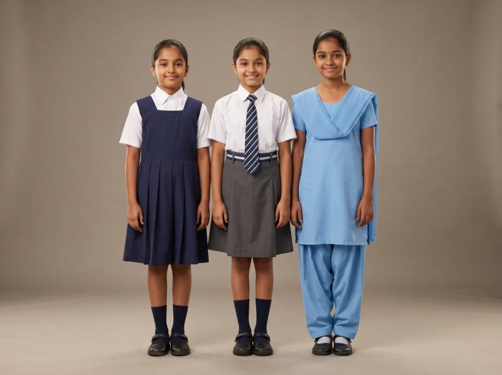School pinafores, skirts and chudidhar sets — navy box-pleat pinafore, grey A-line skirt with tie, light blue chudidhar