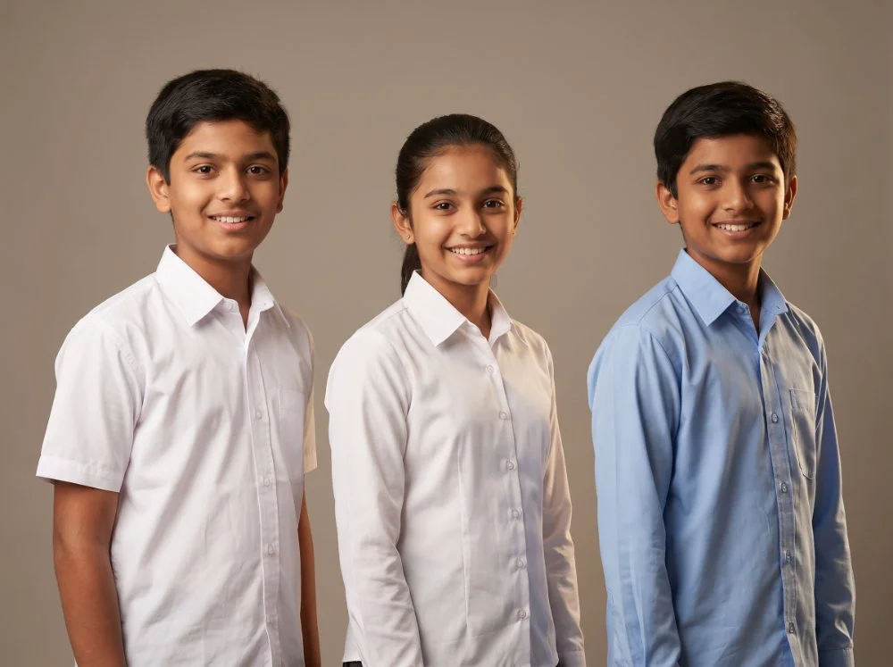 School shirts and blouses manufactured in Chennai — white half-sleeve, white full-sleeve blouse and light blue shirt