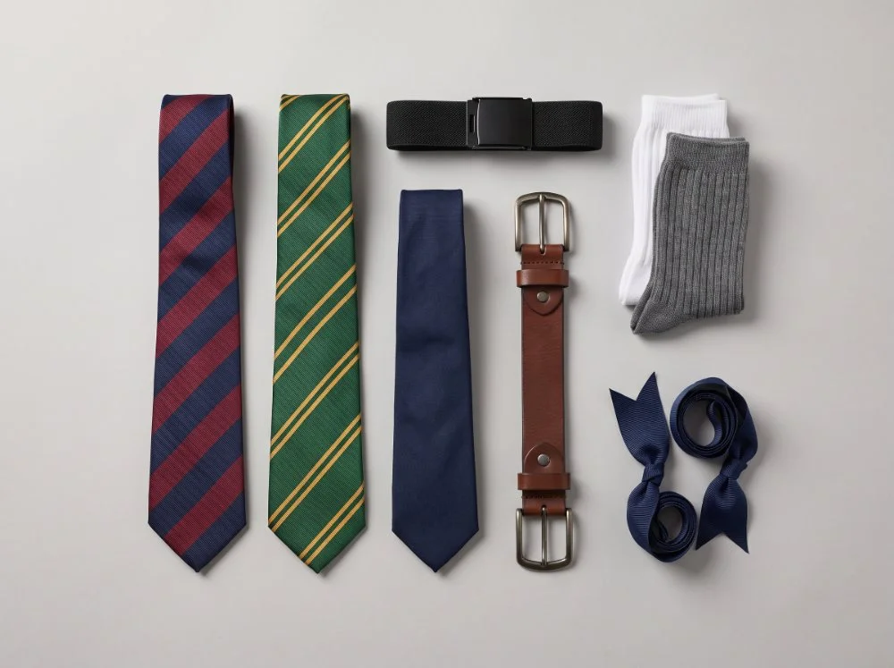 School ties, belts, socks and hair ribbons manufactured to the school shade card
