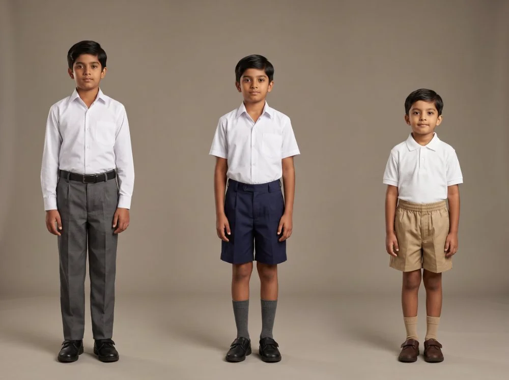 School trousers and shorts — grey full trousers, navy half-pants and khaki junior shorts