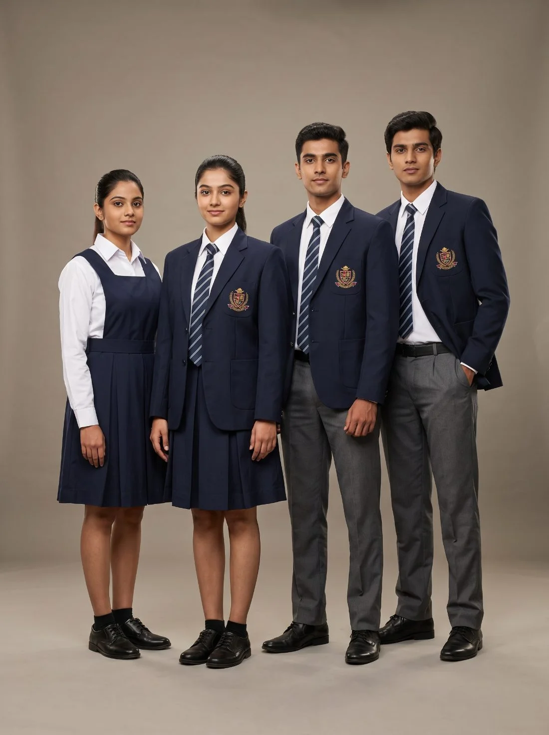 School uniforms manufactured to an approved shade card in Chennai — blazers, pinafores, shirts and ties