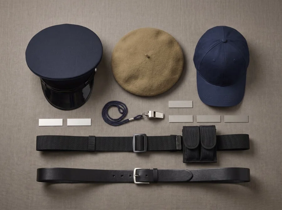 Peaked cap, beret, baseball cap, nylon and leather duty belts and whistle cord for security uniforms