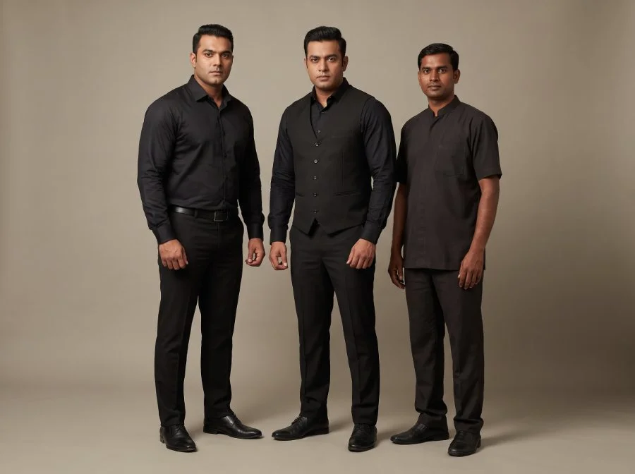 Black formal bouncer sets for event duty and support staff uniforms, manufactured by Terah Tex