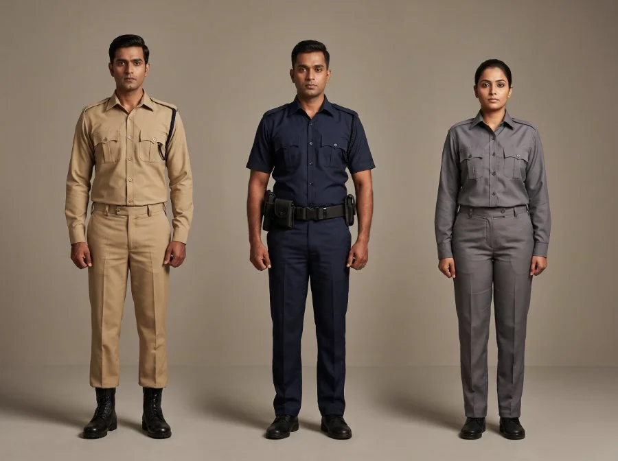Khaki, navy and grey guard shirt and trouser sets with epaulette loops and duty belt, manufactured by Terah Tex