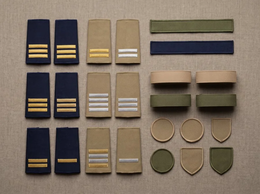 Embroidered epaulette rank slides, shoulder titles, name tapes and chest badges for security uniforms