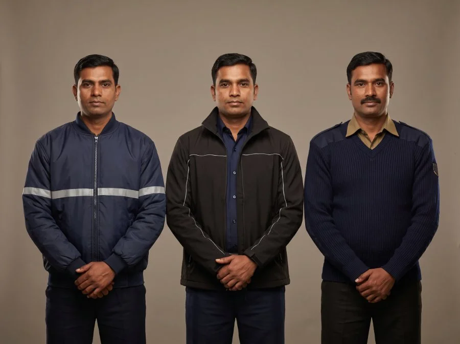 Security bomber and softshell jackets with reflective banding and a sweater for night gate duty