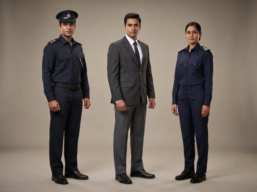Security supervisor and officer uniforms with rank piping, peaked cap and blazer, manufactured by Terah Tex