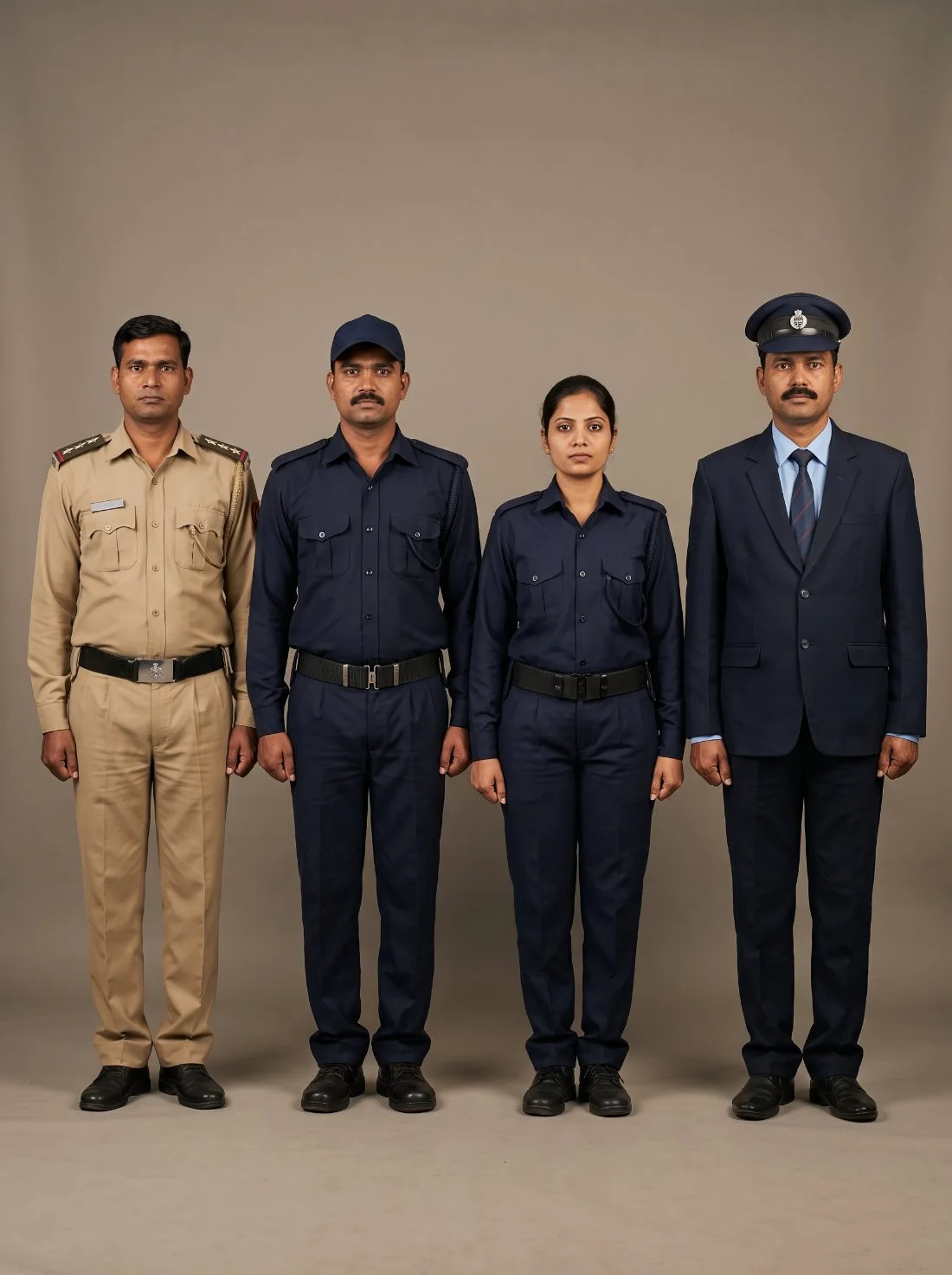 Security uniforms manufactured in Chennai — guard sets with epaulettes and a supervisor uniform with peaked cap