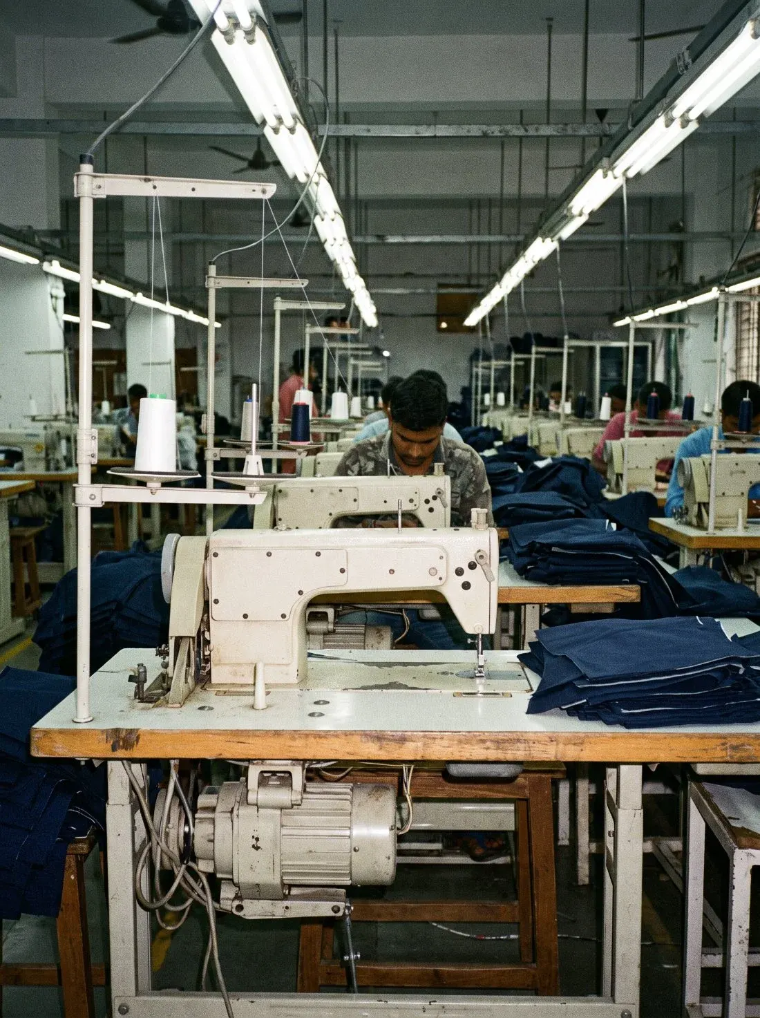 Row of industrial lockstitch sewing machines on the Terah Tex production line in Chennai