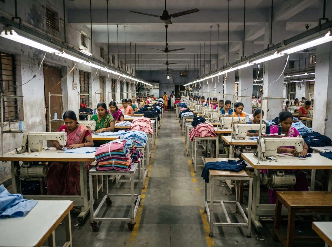 Rows of industrial sewing machines stitching uniform panels inside the Chennai production unit