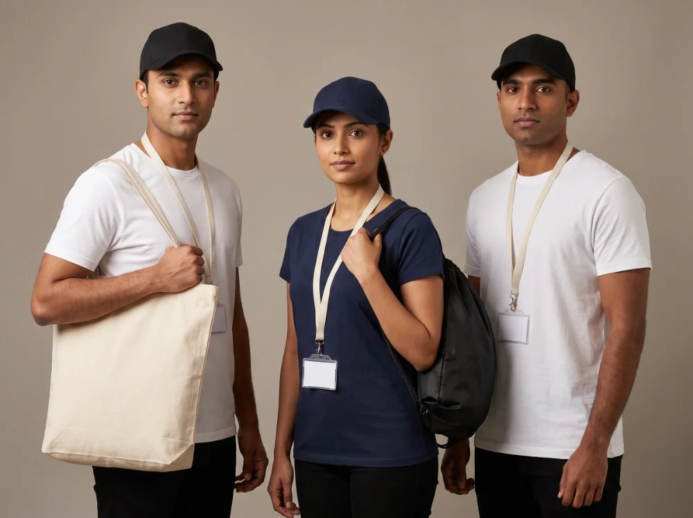 Branded merchandise — caps, canvas tote, drawstring bag and lanyards