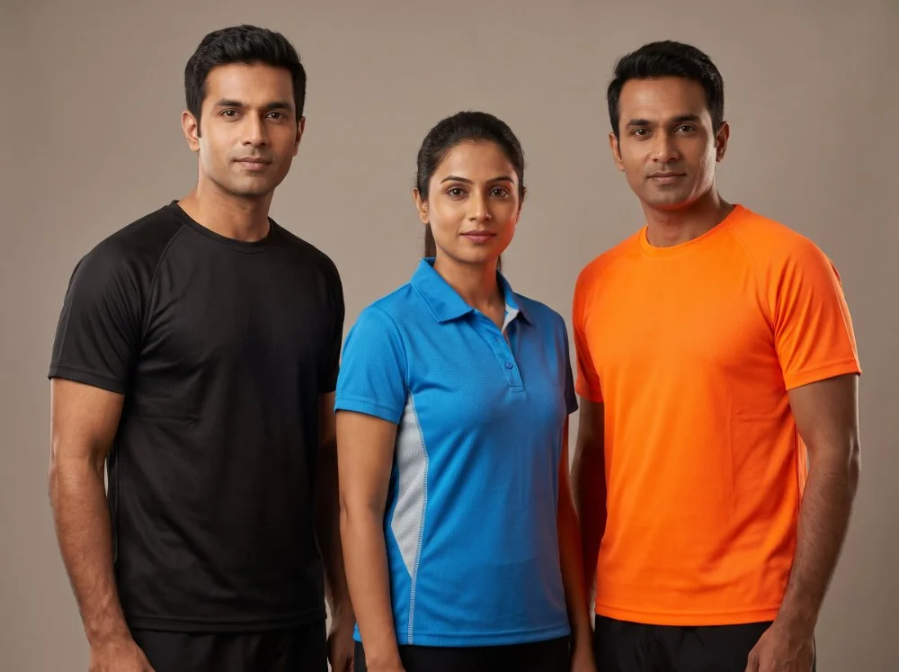Dry-fit sports tees and polo in black, blue and hi-vis orange