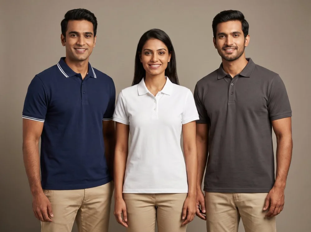 Corporate pique polos manufactured by Terah Tex — navy with tipped collar, white and charcoal, worn by an office team
