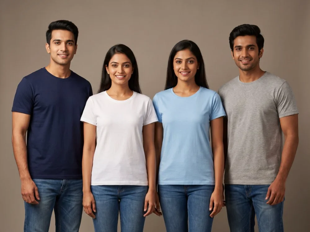 Bio-washed cotton round-neck team T-shirts in navy, white, light blue and grey